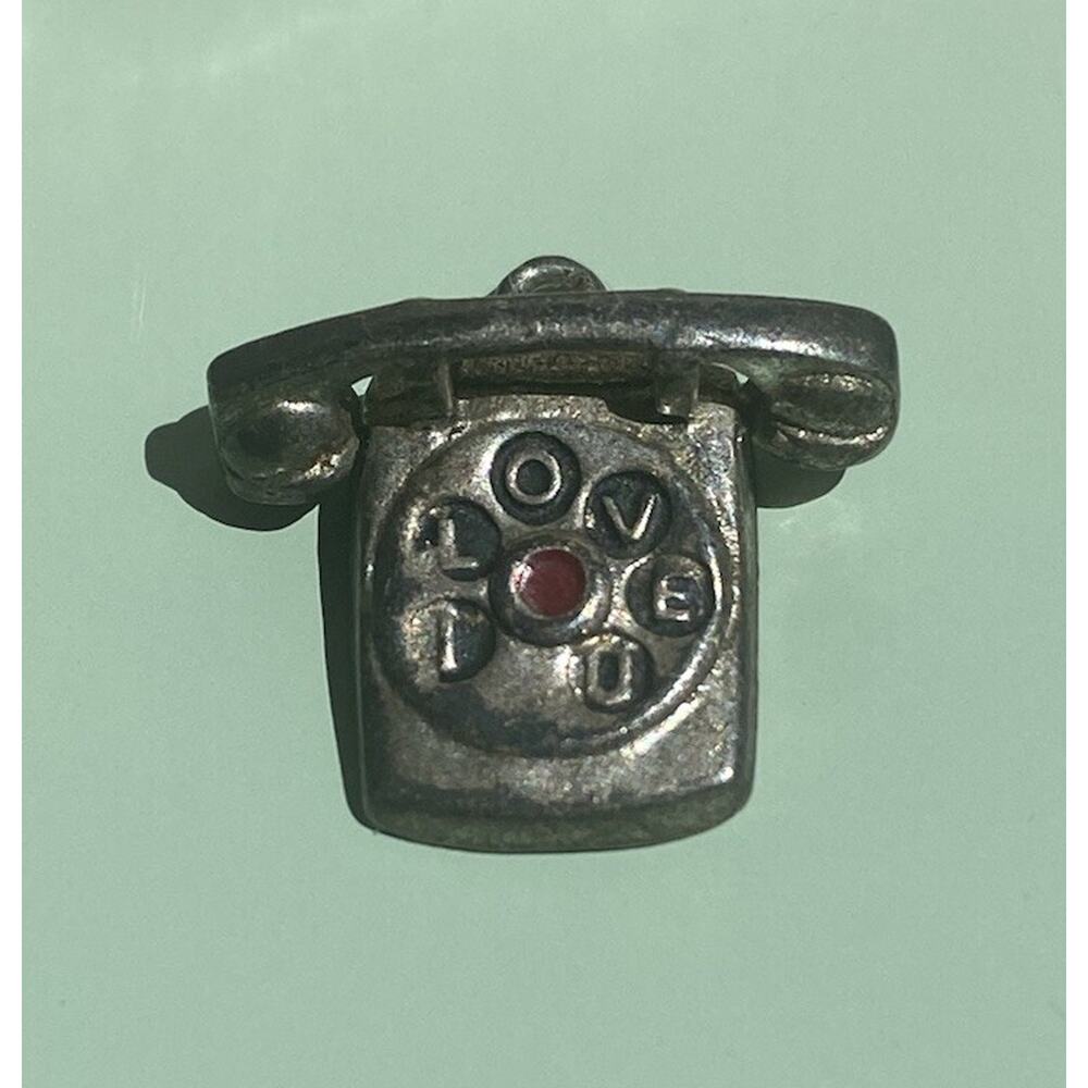ANTIQUE SILVER ''I LOVE U'' OLD ROTARY TELEPHONE CHARM
